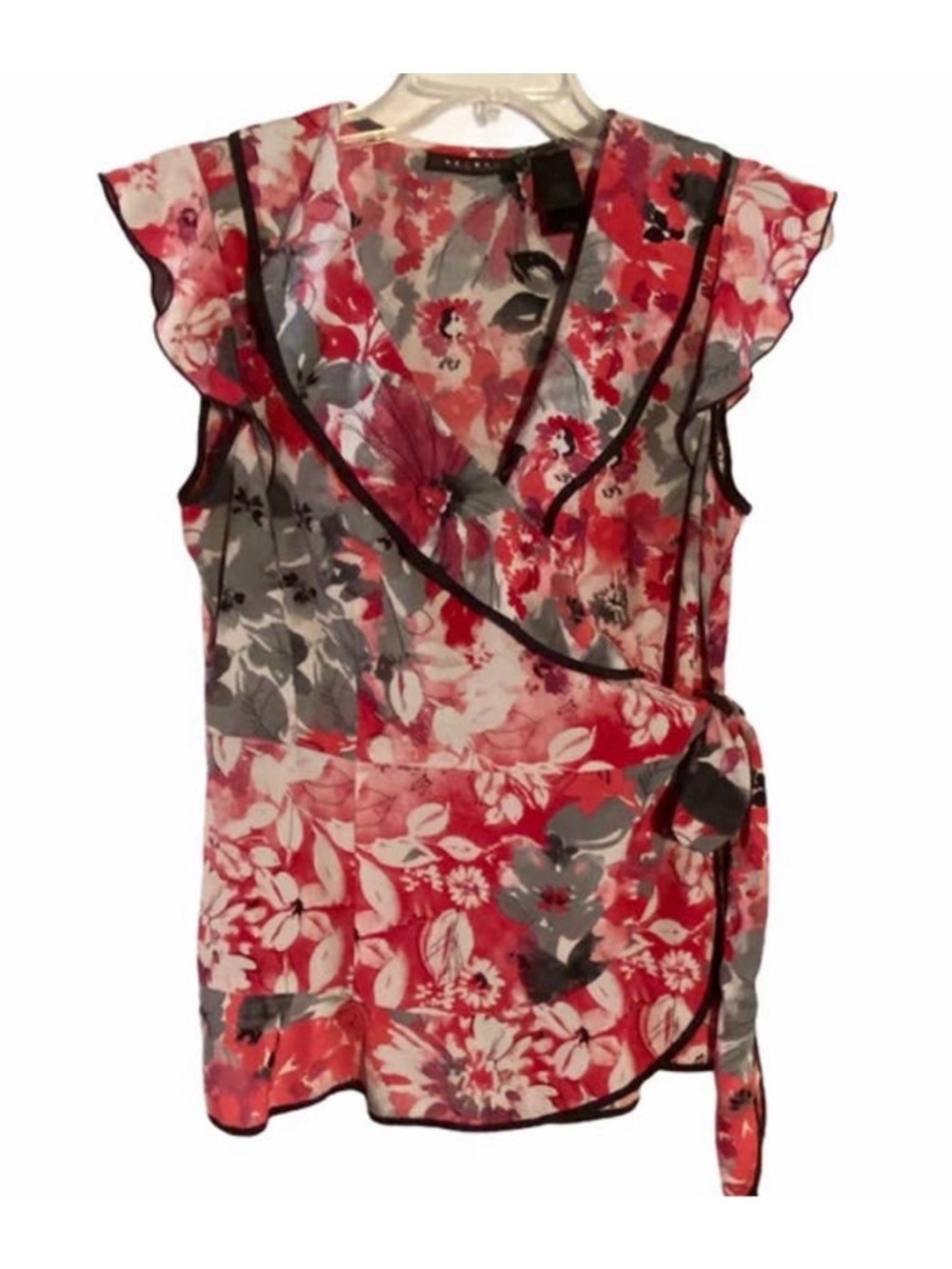 Liz Claiborne Floral Wrap Blouse - Red & Gray
